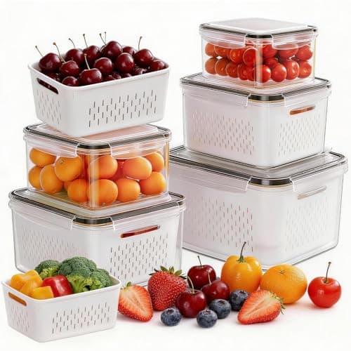 HOMETALL 5 Pack Fruit Storage Containers for Fridge, Plastic Fruit Containers for Fridge with Removable Colanders, Leakproof Fridge Organizers and Storage for Berry Vegetable Salad Lettuce Meat Food