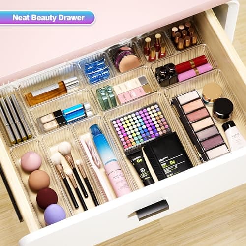 Okylvve 47 PCS Clear Plastic Drawer Organizer Set - 4 Sizes Makeup Organizer Desk Drawer Divider Bathroom Organizers and Storage Bins for Makeup, Jewelry, Gadgets, Office, Kitchen, Bedroom, Bathroom - Thumbnail 5