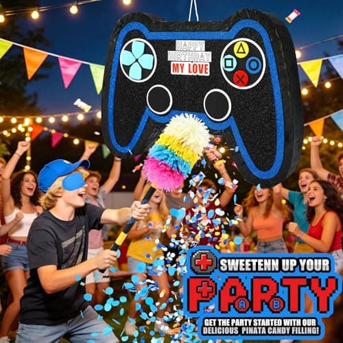 Large Video Game Controller Pinata with Stick and Blindfold - Heavy Duty Gamepad Pinata for Boys Birthday Party Supplies - Level Up Gamer Themed Party Decorations and Interactive Games - Thumbnail 3