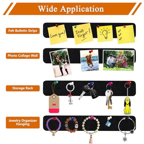 HULAVO 8Pcs Rectangle Felt Cork Board Bar Strips with 35 Pushpins, Self-Adhesive Bulletin Board Strips for Office School Home Wall Decor Stickers Memos Schedules Photos Display -Black - Thumbnail 3
