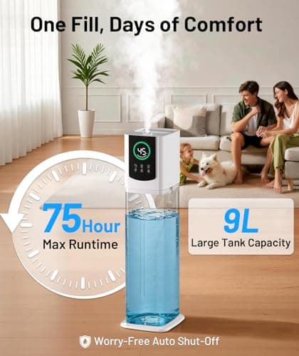 AreShark 2.4 Gal/9L Humidifier for Bedroom, Large Room 500ft², Cool Mist Air Humidifiers with 75H Runtime, Humidity Setting, Easy to Clean, Top Fill, 30dB Quiet, for Plants, Adults, Nursery, Kids - Thumbnail 2