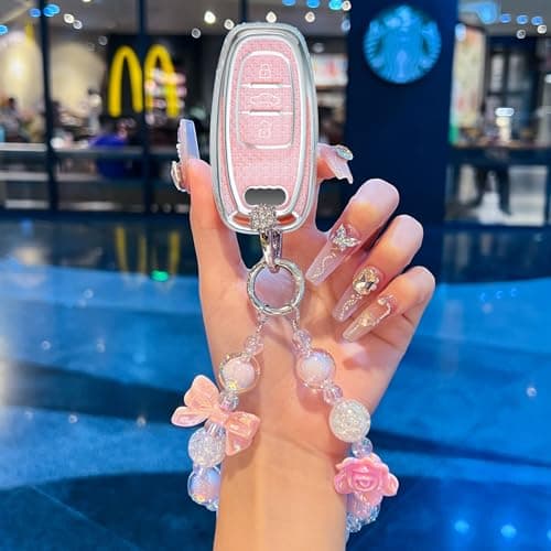 XUPEIXUN for Audi Key Fob Cover with Keychain, Pink TPU Key Case Protection Shell Compatible with AUD A4 A5 A6 A7 A8 Q5 Q7 S3 S4 S5 S6 S7 S8 SQ5 RS5 RS7 Bling Car Accessories - Thumbnail 2