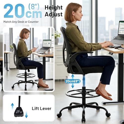 Hayelf Drafting Chair for Standing Desk, Tall Office Chair with 22"-30" Seat Height &7" Lift Footrest Ring, Ergonomic Executive Mesh Computer Counter Stool with Lumbar Support &Flip-up Arms for Artist - Thumbnail 3