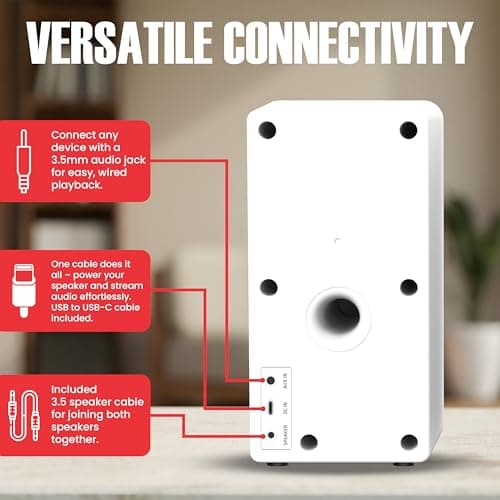 Audiosource Desktop PC Speakers with Bluetooth 5.3, USB-C Plug & Play, 2.0 Stereo Computer Speakers with Dual 2" Drivers, AUX Input, LED Indicator, Compact Design for PC, Laptop & Home Office (White) - Thumbnail 5