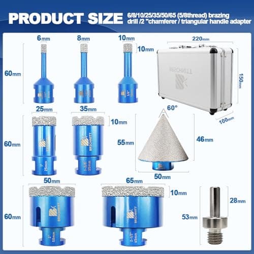 Diamond Core Drill Bit Set - BRSCHNITT 1/4" 5/16" 3/8" 1" 1-3/8" 2" 2-1/2"Diamond Tile Hole Saw Kit for Drilling Porcelain Tile Ceramic Marble Granite,2" Diamond Chamfer Bit&Adapter - Thumbnail 2