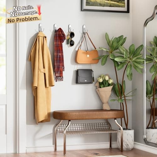 TAILI Adhesive Hooks for Hanging, 4 Coat Hooks & 6 Strips, Heavy Duty No-Drill Removable Large Wall Hanger for Towel, Backpack, Hat, Door,Kitchen Home Decor, Decorative Key Holder - Silver - Thumbnail 2