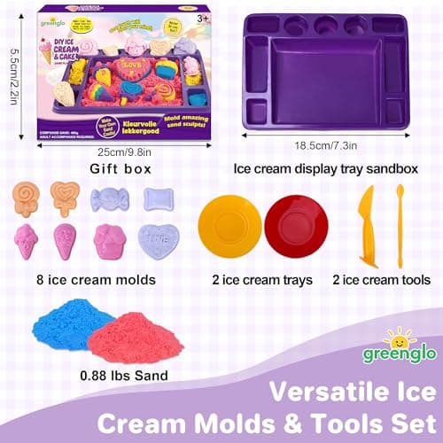 greenglo Sensory Sand Kit for Kids - 0.88 LBS with 12 Molds & Ice Cream Display Tray Sandbox - Kids' Sand Playset Ages 3-8 Creative Sensory Bin Play - Thumbnail 2