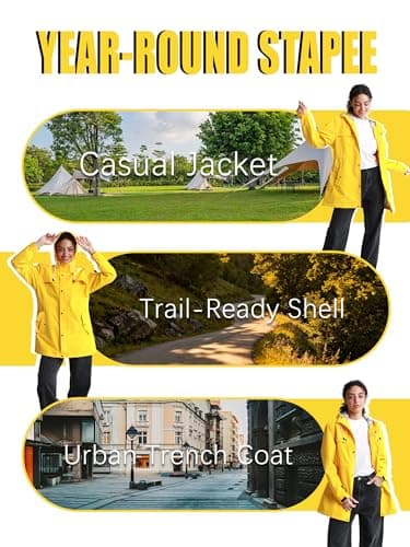 PITINAN Plus Size Lined Rain Jacket Waterproof Trench Coat Women Spring Fall Jackets Cover Hips Anti-Wrinkle Windbreaker Jacket Womens Rain Coat with Hood For Outdoor Activities Yellow XXL - Thumbnail 6