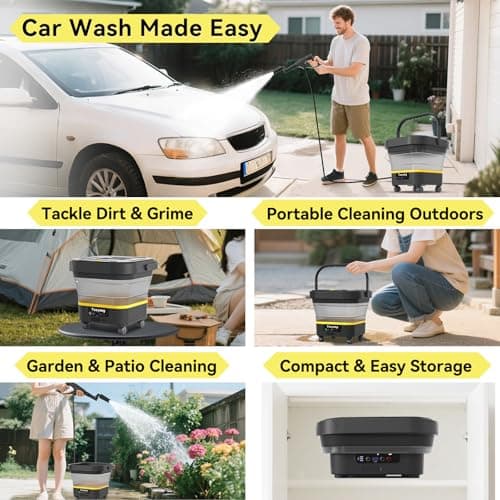 Portable Cordless Pressure Washer with Tank: 1200 PSI Foldable Power Washer – 3.4 Gal Tank, 7-Level Adjustable Sprayer & 360° Nozzle – Compact Electric Cleaner for Car, Garden, Patio, Camping(Yellow) - Thumbnail 6