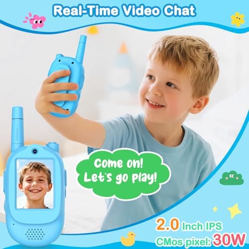 Video Walkie Talkies for Kids, 2 Pack Rechargeable HD Screen Walkies Talkies with 600 FT Outdoor Range, Voice Changer, Watch Straps & Lanyards – Camping Trips Gift for Boys Girls Ages 3-12 (Blue) - Thumbnail 2