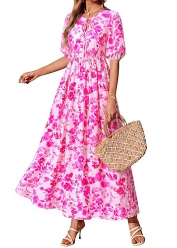 KIRUNDO Summer Dresses for Women 2026 Spring Wedding Guest Boho Floral 3/4 Sleeve Beach Vacation Cruise Flowy Maxi Dress(Rose Red, Medium) - Thumbnail 6