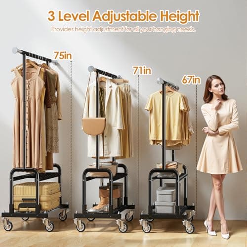 Luxspire Heavy Duty Clothes Rack, Clothing Rack Load 600 LBS, Rolling Clothes Racks for Hanging Clothes with Sturdy Wheels & 2 Tier Shelves, Adjustable Garment Rack for Bedroom, Laundry Room, Black - Thumbnail 4