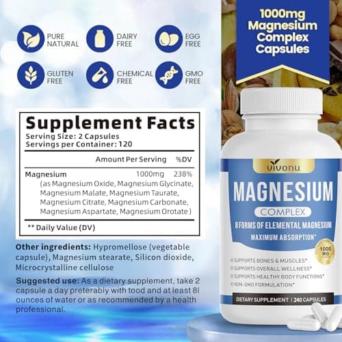 1000mg Magnesium Complex Capsules, 8-in-1 Magnesium Glycinate, Citrate, Malate, Taurate, Oxide, Carbonate, Aspartate, Orotate - 240 Capsules - Thumbnail 4
