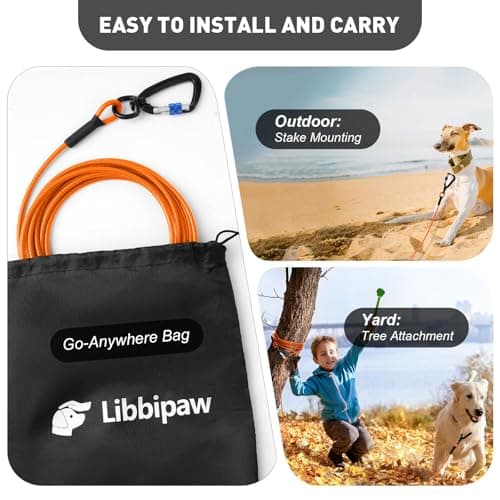 Libbipaw Dog Tie Out Cable 30FT Heavy Duty Chew Proof, Tangle-Free Runner with 360° Swivels & Locking Clip for Large Dogs Up to 250LBS - Rust Proof Leash for Yard, Camping, Outside (Orange 30FT) - Thumbnail 5