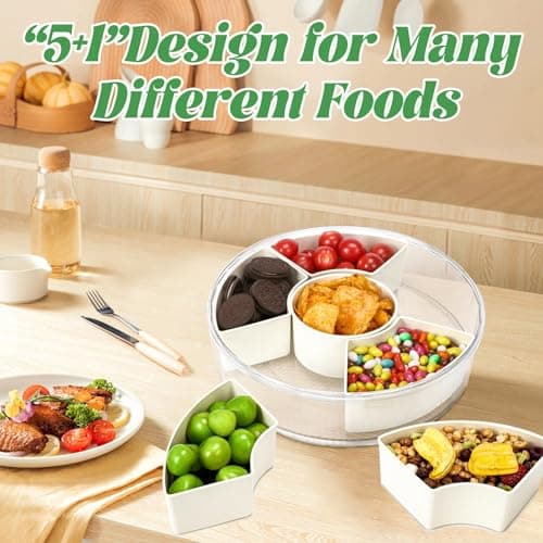 Snackle Box Container Divided Serving Tray with Lid, 6-Compartment Portable Spinning Round Stackable Container, Handle for Organize Veggies, Fruit, Candy, Party Snacks, Nuts, Kitchen Party Essentials - Thumbnail 2