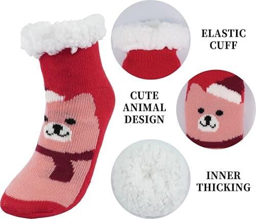 BenSorts Girls Boys Slipper Socks Warm Lining Soft Winter Thick Christmas House Socks for Kids Gifts Stripe Reindeer Red Bear 2 Pairs 8 9 10 11 12 Years - Thumbnail 4