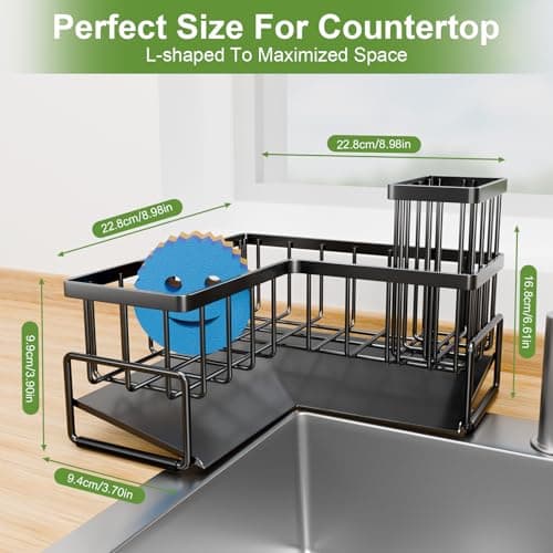 Fikoksol Large Sponge Holder for Kitchen Sink, 90-Degree Sink Caddy Organizer with Dish Brush Holder for Countertop Corner Storage Rack, Metal L-Shaped Kitchen Sink Sponge Soap Organizer Storage Ideas - Thumbnail 2