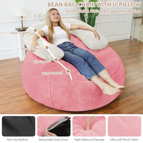 HABUTWAY Giant Bean Bag Chair, Oversized Beanbag Chair with Filler, Ultra Soft Faux Fur Bean Bag Lounge Floor Sofa w/U-Shaped Pillow for Gaming, Reading, Pink & Beige - Thumbnail 4