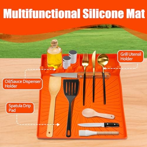 Silicone Grill Mat, Large Size Silicone Side Shelf Griddle Tools Spatula Mat with Drip Pad for Outdoor Grill Kitchen Countertop, Reusable Black-stone Griddle Accessories, Orange - Thumbnail 5