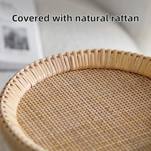 Aboacent Rattan Small Side Table, Round Drink Table for Small Spaces, Boho Accent End Table with Solid Wood Leg for Living Room, Nightstand Table for Bedroom, Corners - Thumbnail 3