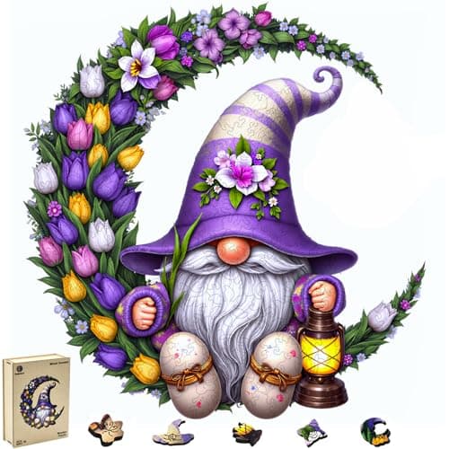 Gnome Wooden Puzzles for Adults 300 Piece, Unique Flower Shaped Wooden Jigsaw Puzzle for Adults, Large Size Floral Moon Gnome Puzzles, Creative Gift for Friend Family Game Home Wall Decor 15 * 14.4in