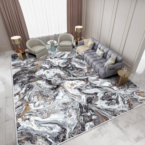 GEMBED Washable Area Rug 8x10 - Artistic Style Modern Rug for Living Room Bedroom Dining Room, Soft Low Pile Machine Washable Carpet, Non Slip Non Shedding Area Rug - Black/Gold, 8'x10' - Image 1