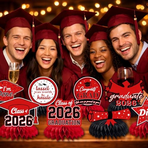 Graduation Decorations 2026 - Red Graduation Honeycomb for Table Centerpiece | Graduation Party Decorations Class of 2026,Table Toppers for Graduation Party Favors Supplies Indoor Outdoor - Thumbnail 5