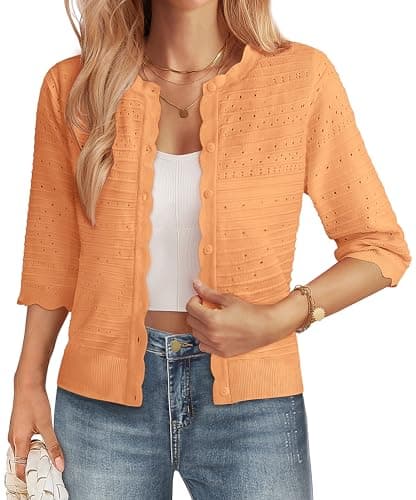 GRACE KARIN 3/4 Short Sleeve Cardigan Sweaters for Women Button Down Lightweight Summer Cardigan Open Crop Jacket Orange S - Image 1