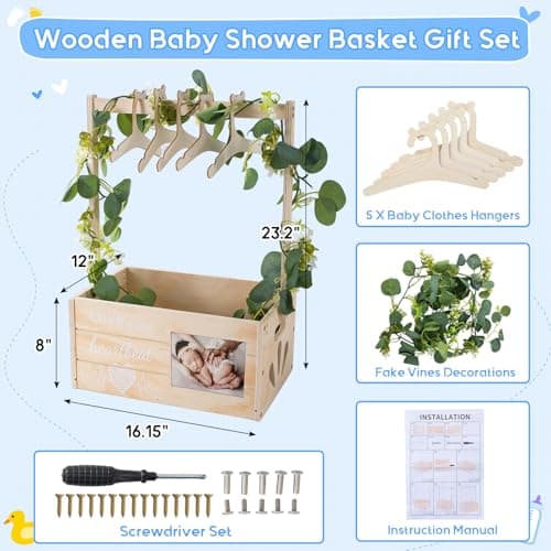 LLMQ Wooden Baby Shower Crate Closet, Personalized Baby Shower Basket with Wreath & Hanger, Love at First Sight Sonogram Picture Frame, Baby Clothes Storage Box for Ideal Pregnancy Gift - Thumbnail 5