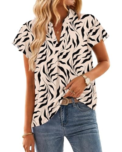 AUSELILY Blouses for Women Dressy Casual V Neck Womens Summer Tops Short Sleeve Blouses 2026 New Apricot Black Leaf 2XL - Image 1