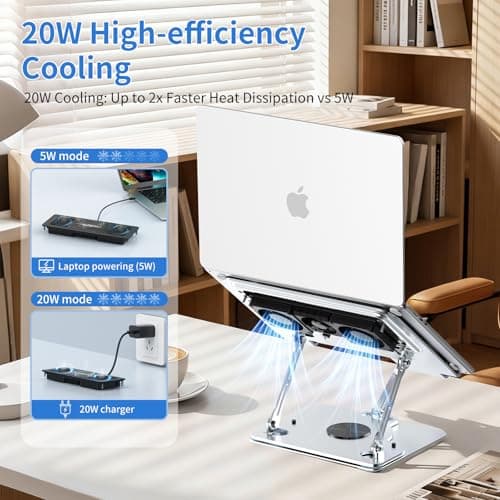 Laptop Cooling Pad with Detachable Fan & Cooler, 2-in-1 Laptop & Phone Stand, Adjustable Angle, 360° Rotatable Base, Carbon Steel, Ultra-Quiet & Super Sturdy for Laptop (Silver Gray) - Thumbnail 4