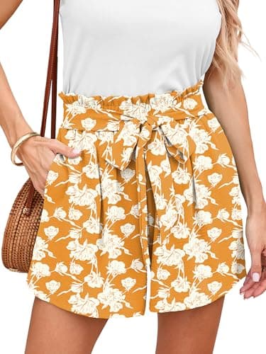DEARCASE Women's Beach Shorts Yellow White Flowers Small Summer High Waisted Adjustable Lightweight Tie Knot Drawstring Stretchy Lounge Casual Wide Leg Office Boho Short Pants with Pockets - Image 1