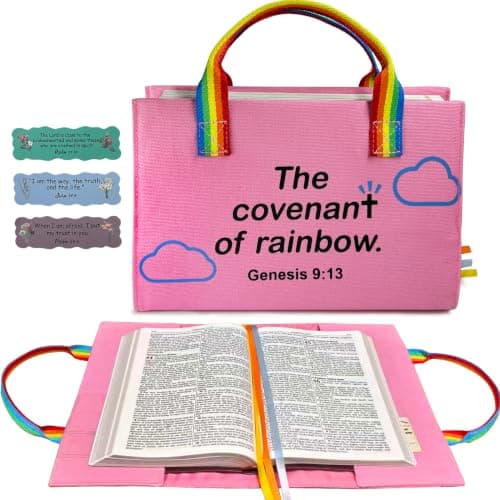 Bible Cover for Women, Zipper-Free Canvas Bible Case with Handle, Lay-Flat Design, Protective Lining, Exterior Pockets & Ribbon Bookmarks, Christian Gift for Women (2 Sizes) (Pink-Rainbow, Large) - Image 1