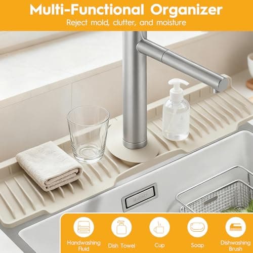 24" Silicone Faucet Mat for Kitchen Sink Released in 2025/12TH,8° Slope Fast Self-draining-Kitchen Sink Splash Guard,Bathroom Kitchen Sink Area Water Splash Guard Behind Faucet Draining Mat Beige - Thumbnail 6