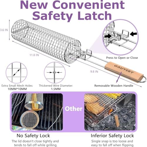 GAUYEBY Rolling Grill Basket, Grill Baskets for Outdoor Grill, REMOVABLE HANDLE, Anti-Scorch Stainless Steel BBQ Net Tube for Meat, Shrimp, Vegetables, Grill Accessories, Gifts for Dad, Husband (Round) - Thumbnail 5