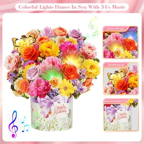 XTF2015 Birthday Cards with MUSIC & LIGHTS, Happy Birthday Card, Peony & Butterfly, 13 Inch Life Sized Forever Flower Bouquet 3D Pop Up Music Cards for Mom Daughter Women Wife - Thumbnail 3