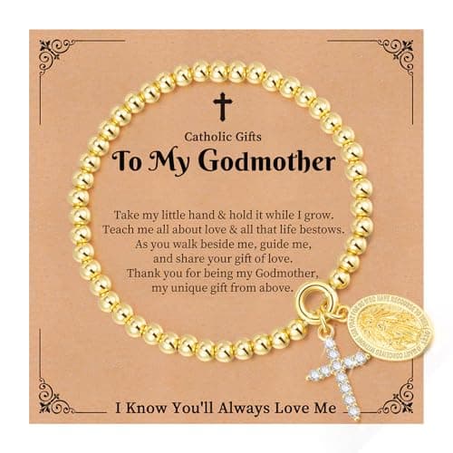 14K Gold Plated Bead Cross Bracelet, Virgin Mary Cross Bracelet for Women, Dainty Stretch Bead Bracelet, Religious Jewelry for Catholic Baptism Confirmation Easter Gifts (To My Godmother-Gold) - Image 1