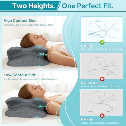 ZeroZillo Cervical Neck Pillow for Sleeping, Ergonomic Memory Foam Pillow for Neck Pain Relief, Dual Height Contour Support for Side and Back Sleepers, Cooling Breathable Pillowcase, Grey - Thumbnail 3