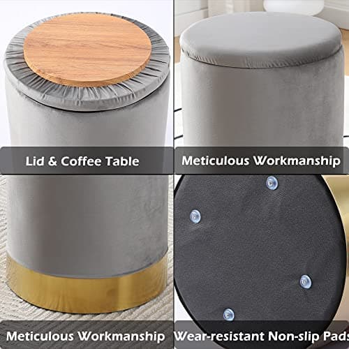 Mxfurhawa Velvet Storage Ottoman Multipurpose Footrest Stool with Metal Base Modern Round Vanity Stool Chair Ottoman Foot Stools Support 300 lbs Padded Seat for Living Room (Grey (Velvet)) - Thumbnail 6