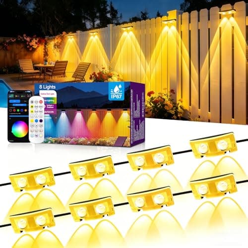 AHAWILL Fence Lights Outdoor 8 Packs,Smart RGB Fence Lighting with APP&Remote Control,IP67 Waterproof Fence Lights,DIY Scene Modes,LED Light for Fence,Patio,Yard,Garden(50ft) - Image 1