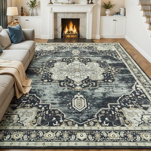 Vibrug Washable Rug for Living Room Bedroom, 8x10 Area Rugs for Dining Room Home Office, Non Slip Low Pile Rug Indoor, Vintage Boho Floral Medallion Carpet, Retro Black Brown - Image 1