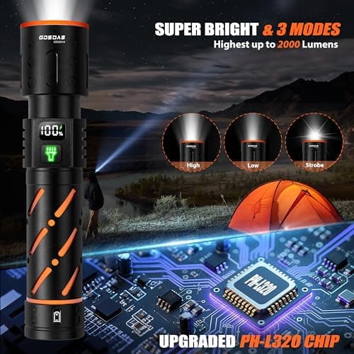 Gosdas Rechargeable Flashlights High Lumens 100000 2 Pack, Super Bright 30W LED, Long Lasting 12H, Single Click 3 Modes, Multifunctional USB C Input Output LCD Power Display, for Camping Hiking Home - Thumbnail 2