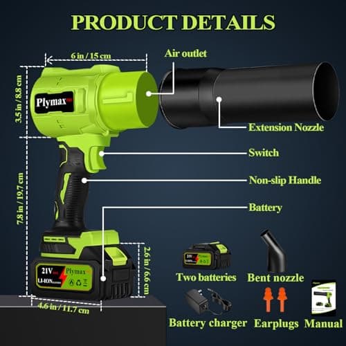 Plymax Cordless Leaf Blower, 800,000 RPM Electric Handheld Leaf Blower, Leaf Blower Cordless with 2×4.0Ah Batteries & Charger,Snow Blowers with 2-Nozzles for Patio,Lawn Care,Dust,Snow & Car Drying - Thumbnail 5