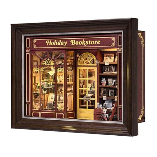 Book Nook Kit-3D Wooden Puzzle with LED Switch Control & Wall-Mountable Frame,DIY Miniature House for Beginners,Bookshelf/Tabletop/Wall Decor for Craft Lovers,Dollhouse Gift,Holiday Bookstore