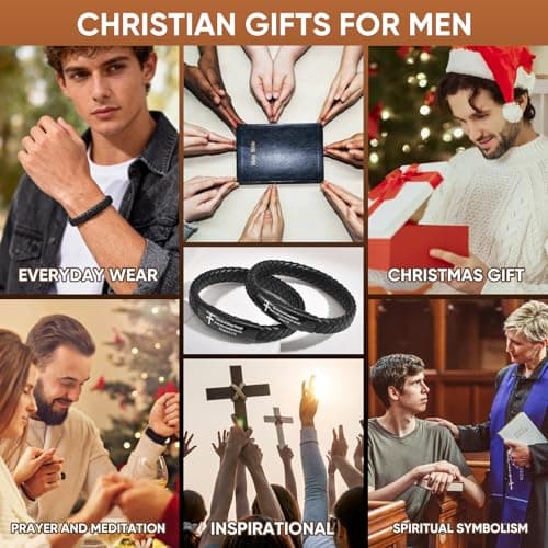 Christian Cross Black Braided Leather Bracelet for Men, Inspirational Mantra Engarved Handmade Braided Bangle Adjustable Cuff Bracelet Motivational Wristband Faith Religious Jewelry Gift for Men, Philippians 4:13 - Thumbnail 6