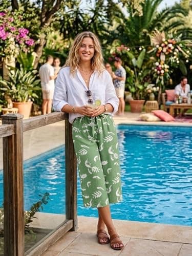 Moodclo Women's Capri Pants White Flower Green Small Casual Palazzo Trousers with Pockets Loose High Waisted Wide Leg Lounge Pants - Thumbnail 4
