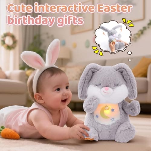 Breathing Stuffed Animal, Soothe Snuggle Bunny Plush, Sleep Buddy Soothing Stuffed Bunny for Anxiety Adults and Kids, Volume Control Easter Bunny Gifts with Realistic Breathing and Lights Music - Thumbnail 2