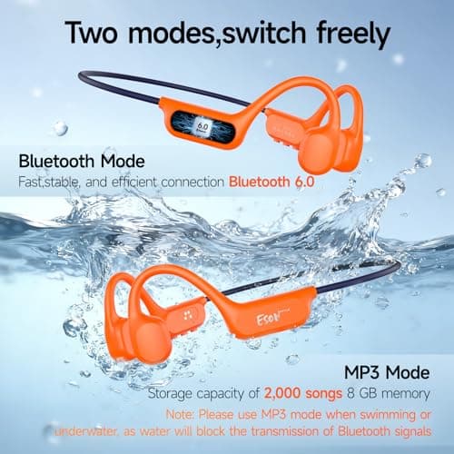 esonstyle Swimming Headphones Underwater - IP68 Waterproof Bone Conduction Headphones Bluetooth 6.0,Bone Conduction Earbuds with 8G MP3 for Swimming Running Cycling Sports (Orange) - Thumbnail 5