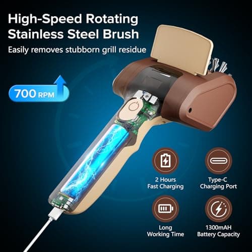Lrly Electric Grill Brush for Outdoor Grill, Cordless Electric BBQ Grill Cleaner, Rechargeable Grill Cleaning Stainless Steel Brush, Grill Scraper, BBQ Accessories Brown - Thumbnail 5