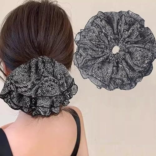 Jseng 2PCS Extra Large Scrunchies for Hair, Boho Floral Hair Ties, Beige and Black - Thumbnail 4